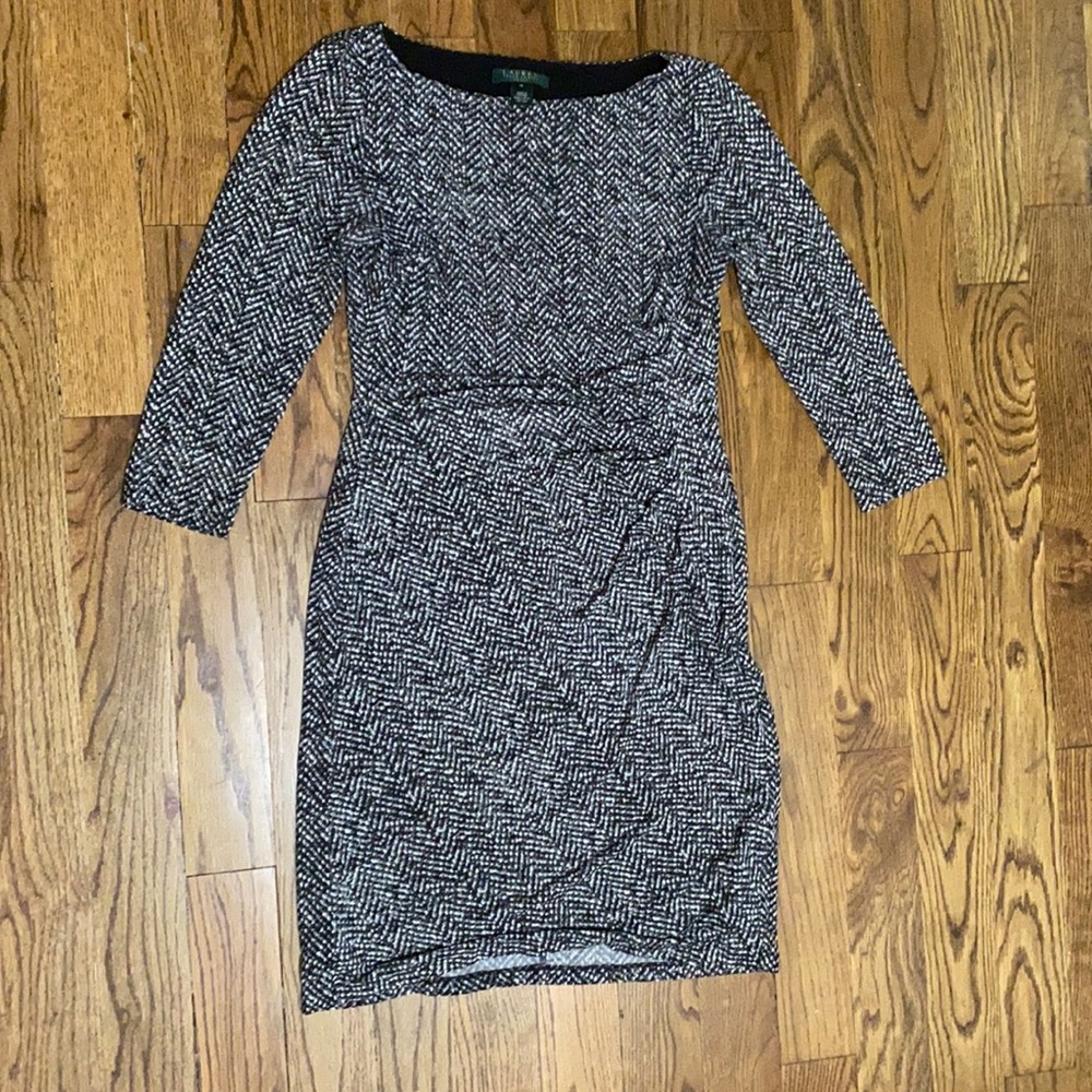 Stretchy, form fitting work dress. 3/4 sleeve.